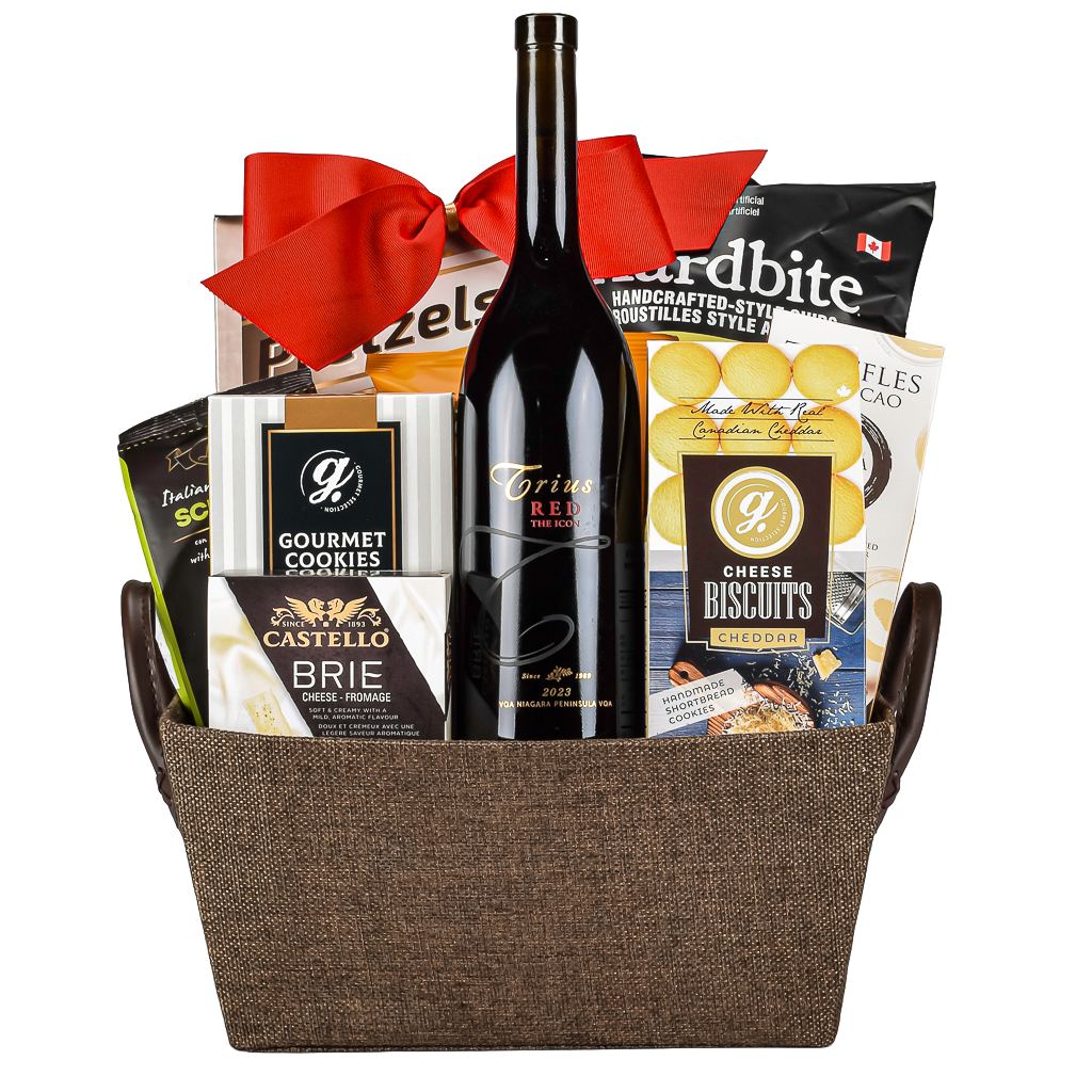 Ontario Made Premium Red Wine With Brie Cheese, Shortbead Cookies, Chips, Pretzels And Crackers With A Red Bow. 