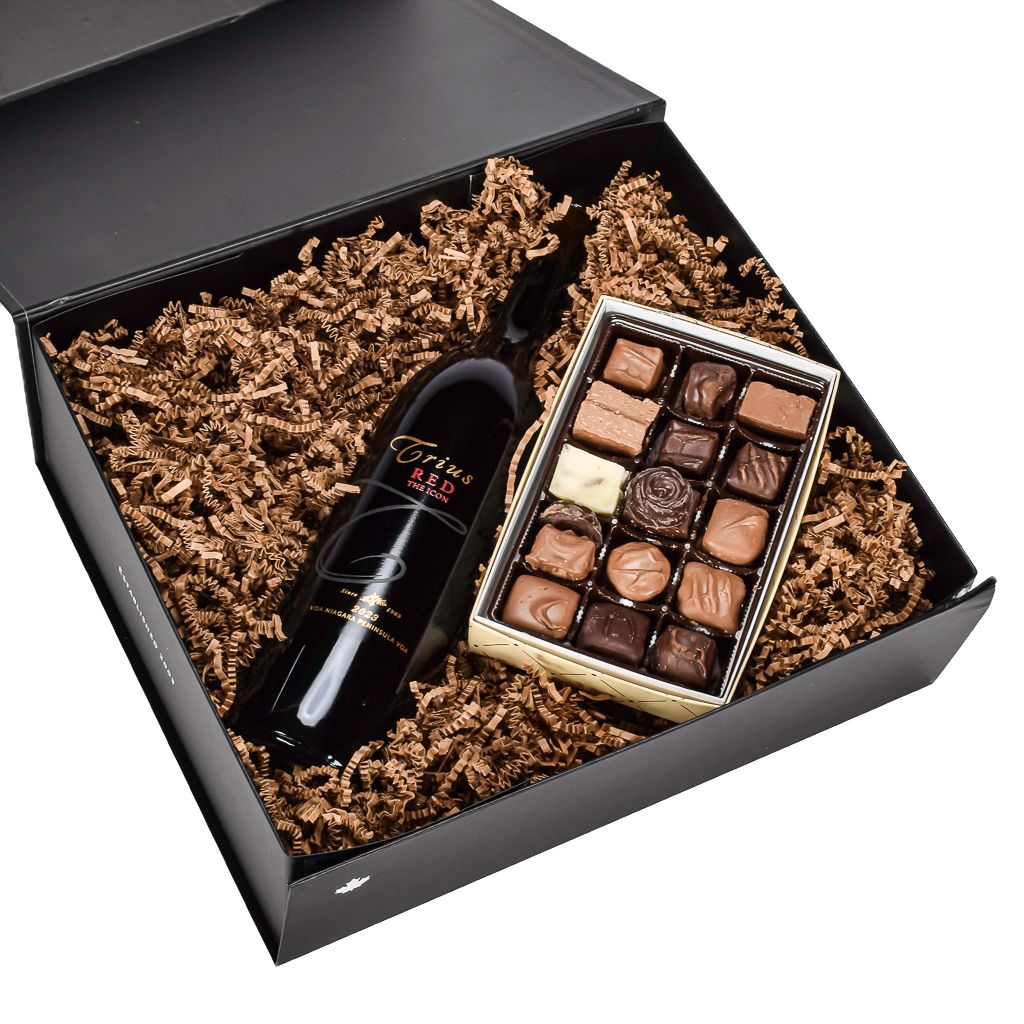 Trius The Icon Premium Wine Packaged In A Sleek Black Gift Box With Ontario Made Reids Assorted Chocolates