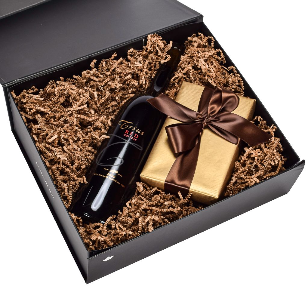 750mL Red Wine From Niagara, Ontario – Packaged In a Black Magnetic Gift Box With Gold-Wrapped Chocolates and a Brown Satin Bow