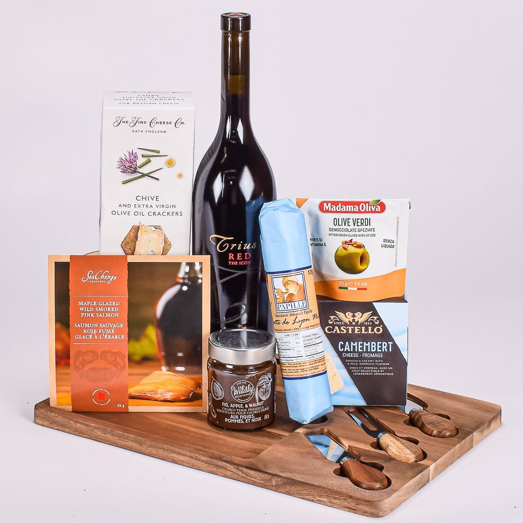 Cheese Board Knife Set With Trius Red Wine, Maple Glazed Salmon, Salami, Compote, Crackers And Olives