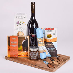 Cheese Board Knife Set With Trius Red Wine, Maple Glazed Salmon, Salami, Compote, Crackers And Olives