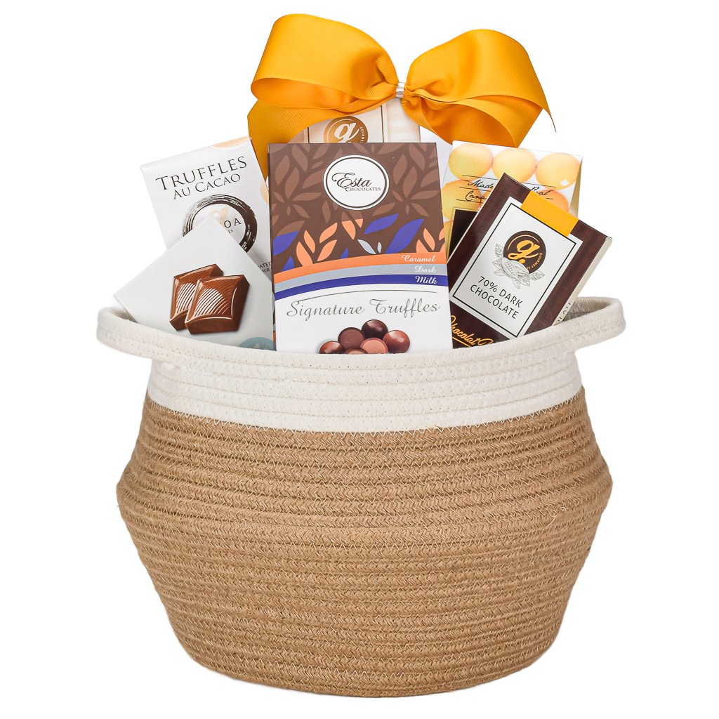 Jute Gift Basket With Truffles, Cookies, Dark Chocolate, Cheddar Cookies, Milk Chocolate And Dark Chocolate With Gold Bow