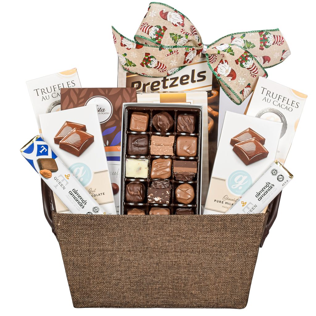 Ultimate Chocolate Gift Basket With Reids Assorted Chocolate Gift Box, Esta Chocolate Truffles, Cocoa Dusted Truffles, Milk Chocolate Bar And Almond Chocolate Bar With A Christmas Bow