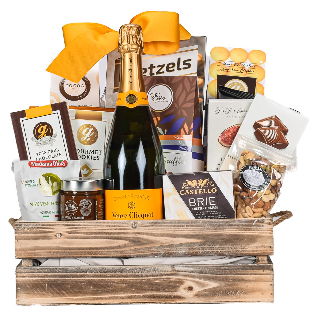 Premium French Veuve Champagne With Assorted Truffles, Pretzels, Cookies, Olives, Compote, Brie Cheese, Nuts And Artisinal Crackers