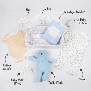 Baby gift set with labeled items including a hat, bib, blanket, baby lotion, cotton onesie, baby mitts, teddy plush, and onsie.