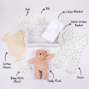 Baby items including a hat, bib, Lulujo blanket, white wicker basket, cotton onesie, baby mitts, teddy plush, and onsies on a light gray background.