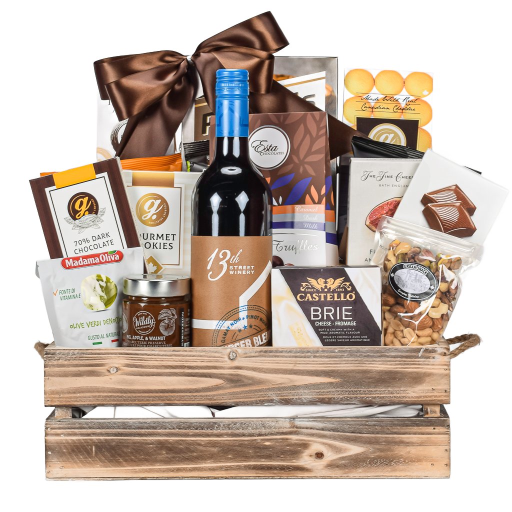 Rectangular Wooden Crate Wuith Pretzels, Cookies, Cheddar Cookies, Popcorn, Artisinal Crackers, Assorted Truffles, Cheese, Nuts And Canadian Red Wine 