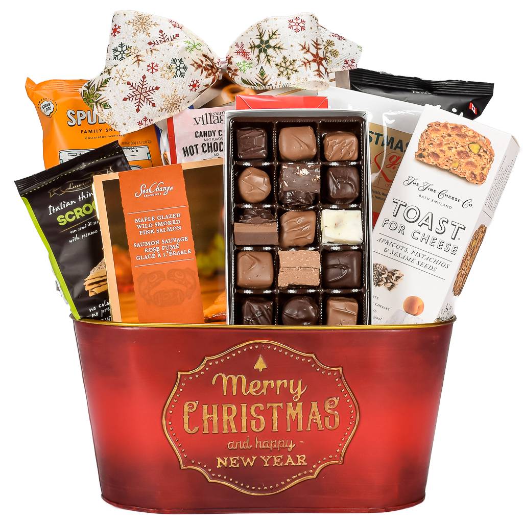 Red Merry Christmas Gift Basket With Chips, Pretzels, Hot Cocoa, Popcorn, Reids Assorted Chocolate Box, Toast For Cheese Crackers, Maple Glazed Salmon And Tea