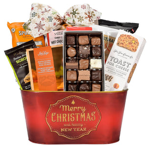 Red Merry Christmas Gift Basket With Chips, Pretzels, Hot Cocoa, Popcorn, Reids Assorted Chocolate Box, Toast For Cheese Crackers, Maple Glazed Salmon And Tea