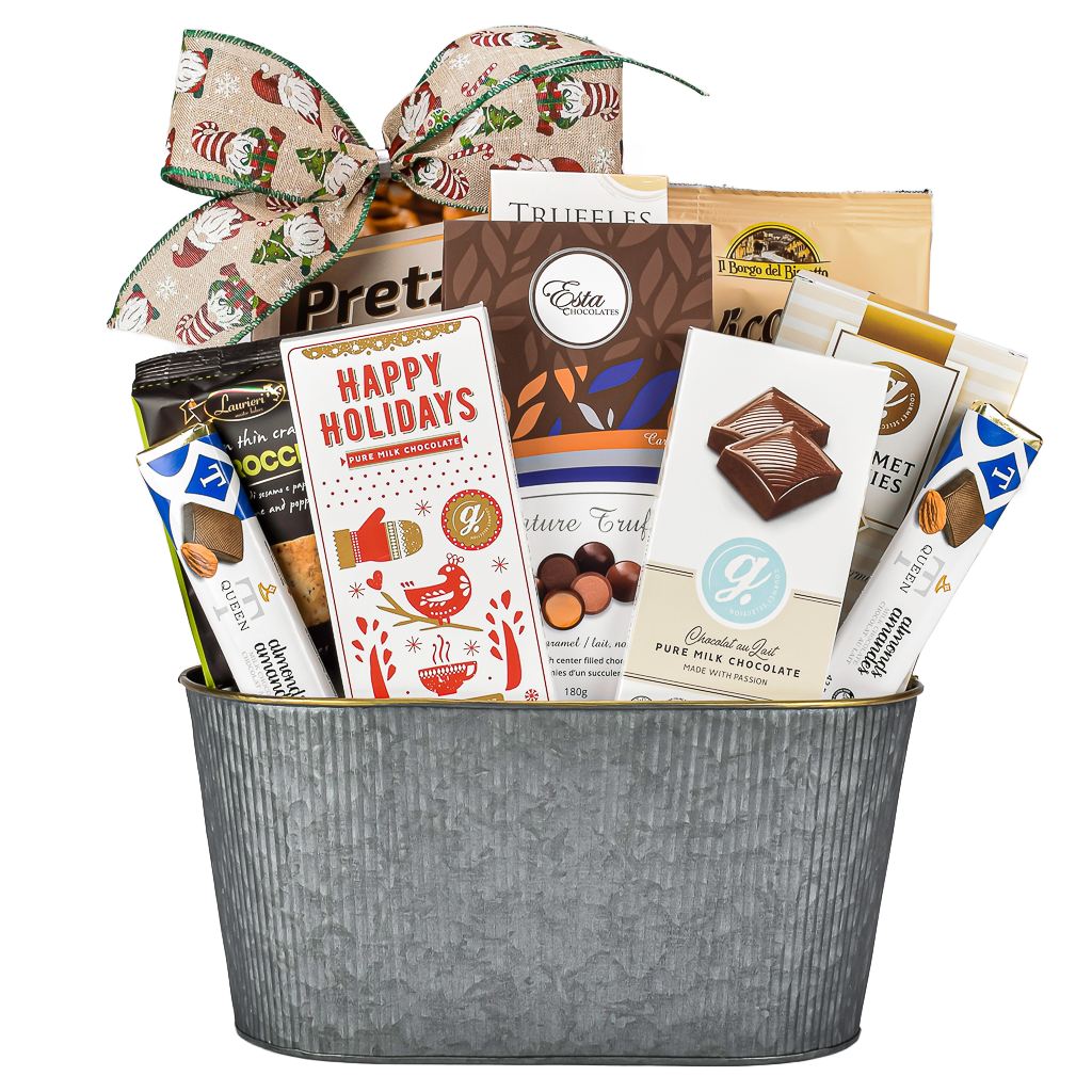 Christmas Silver Tin Basket With Pretzels, Cookies, Happy Holidays Chocolate Bar, Almond Milk Bar, Assorted Truffles And Crackers