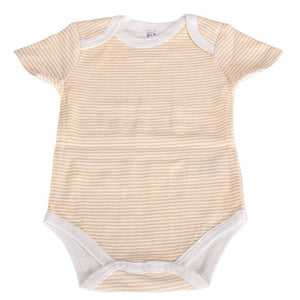 Beige and white striped baby bodysuit on a white background