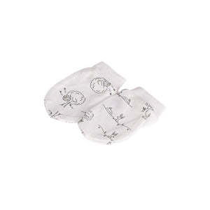 Two white baby socks with black illustrations on a white background