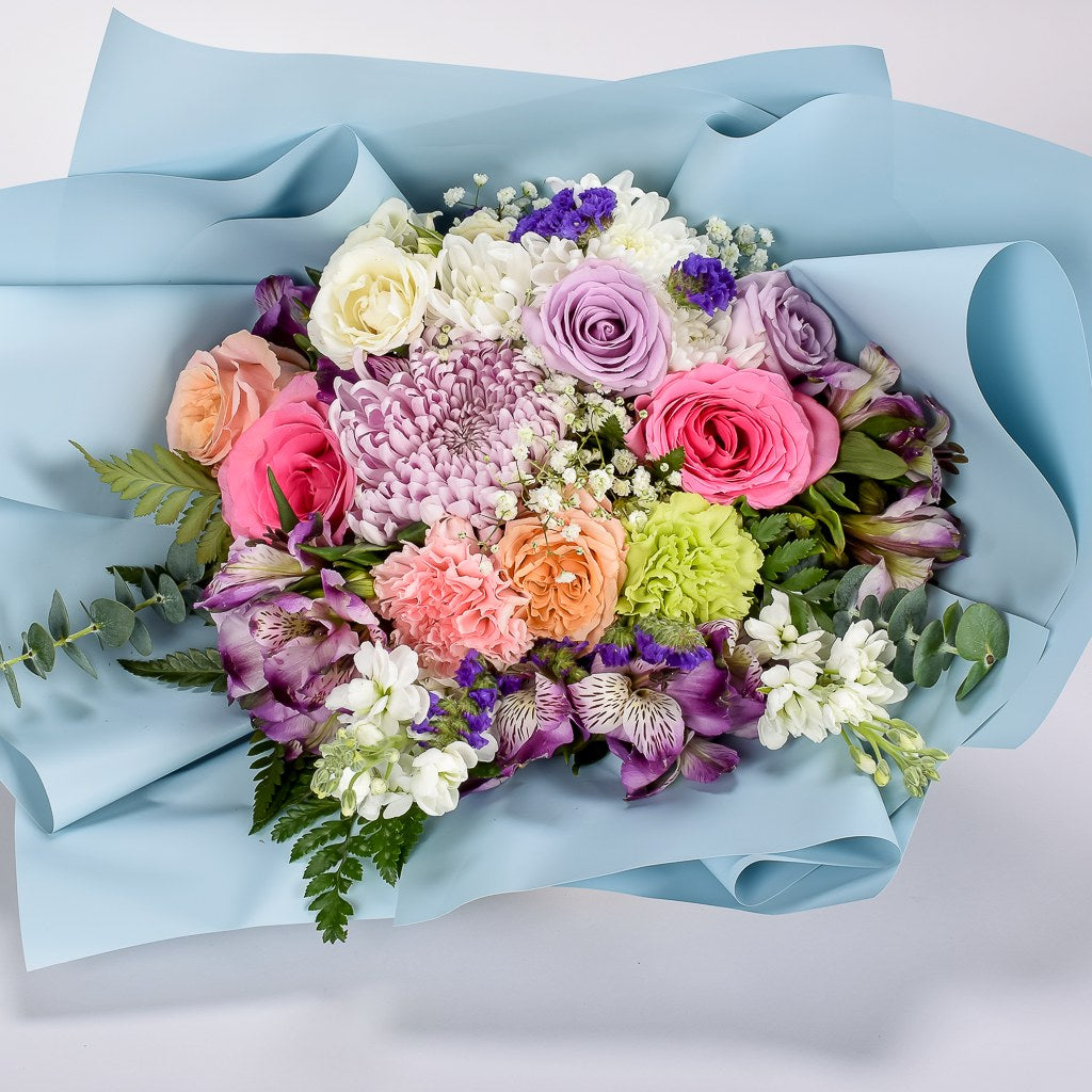 Mixed Roses, Carnation, Alstroemeria, Mums, Greenery Beautifully Wrapped Light Blue Korean Floral Paper