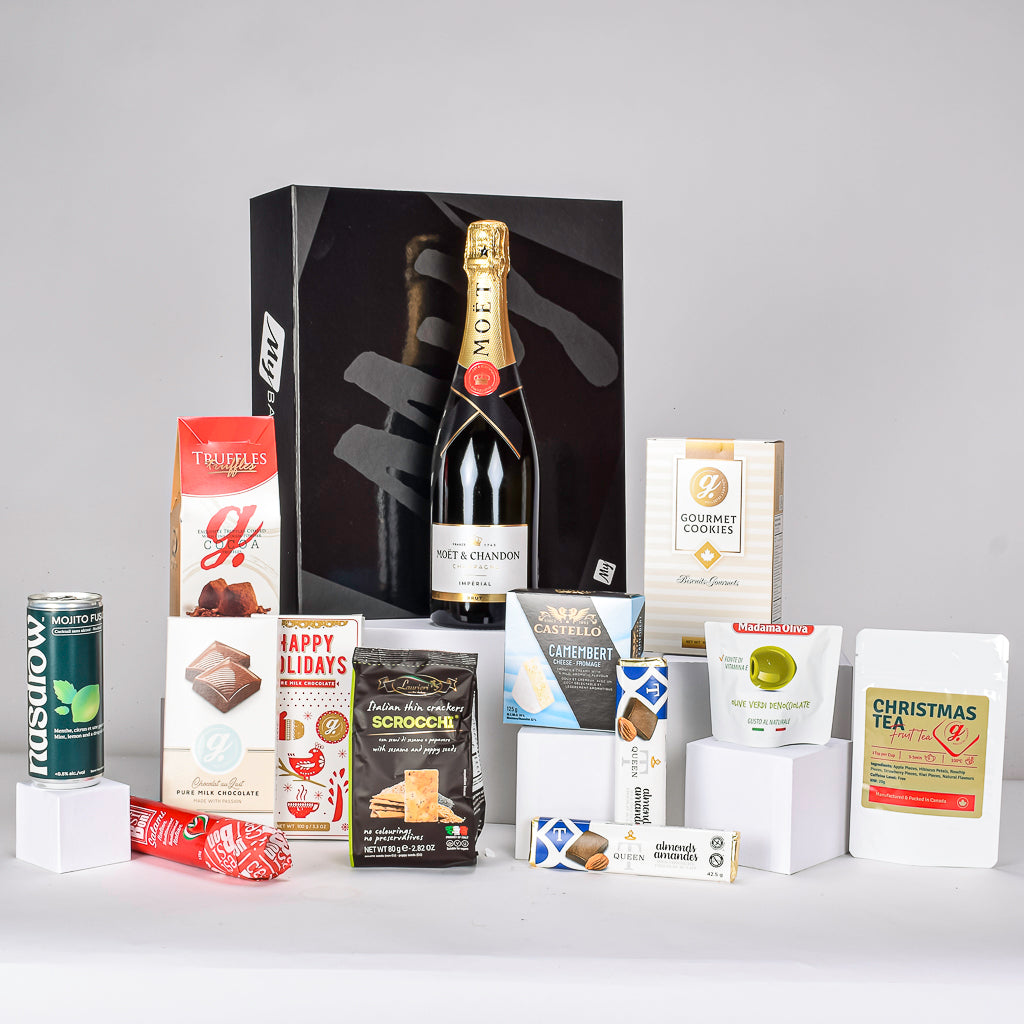 Sleek Black Magnetic Gift Box With Moet Champagne, Chocolate Truffles, Holiday Milk Chocolate, Mocktail, Cheese, Crackers, Olives, Tea And Shortbread Cookies