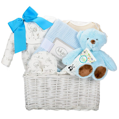 Baby Boy Gift In White Wicker Basket With Lulujo Cotton Blue Knit Blanekt, 5 Piece Set, Baby Lotion, And Blue Teddy Bear