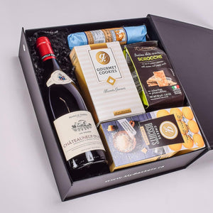 Famille Perrin Chateauneuf Du Pape French Wine With Papille Salami, Gourmet Chocolate Cookies, Crackers, And Canadian Cheddar Cookies