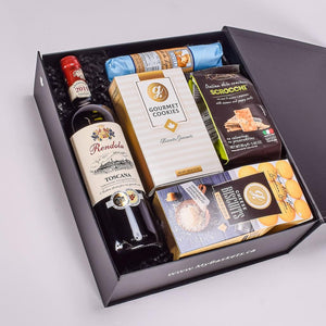 Rendola Italian Red Wine In A Sleek Black Gift Box With Cookies, Crackers, Salami, And Cheddar Biscuits 