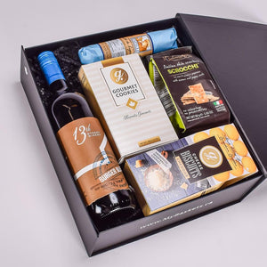 Black Gift Box With Canadian Red Wine, Cookies, Crackers, Salami, and Cheddar Biscuits 