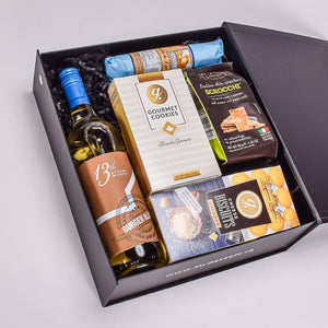 Canadian White Wine With Cookies, Crackers, Salami, and Cheddar Biscuits In Black Gift Box