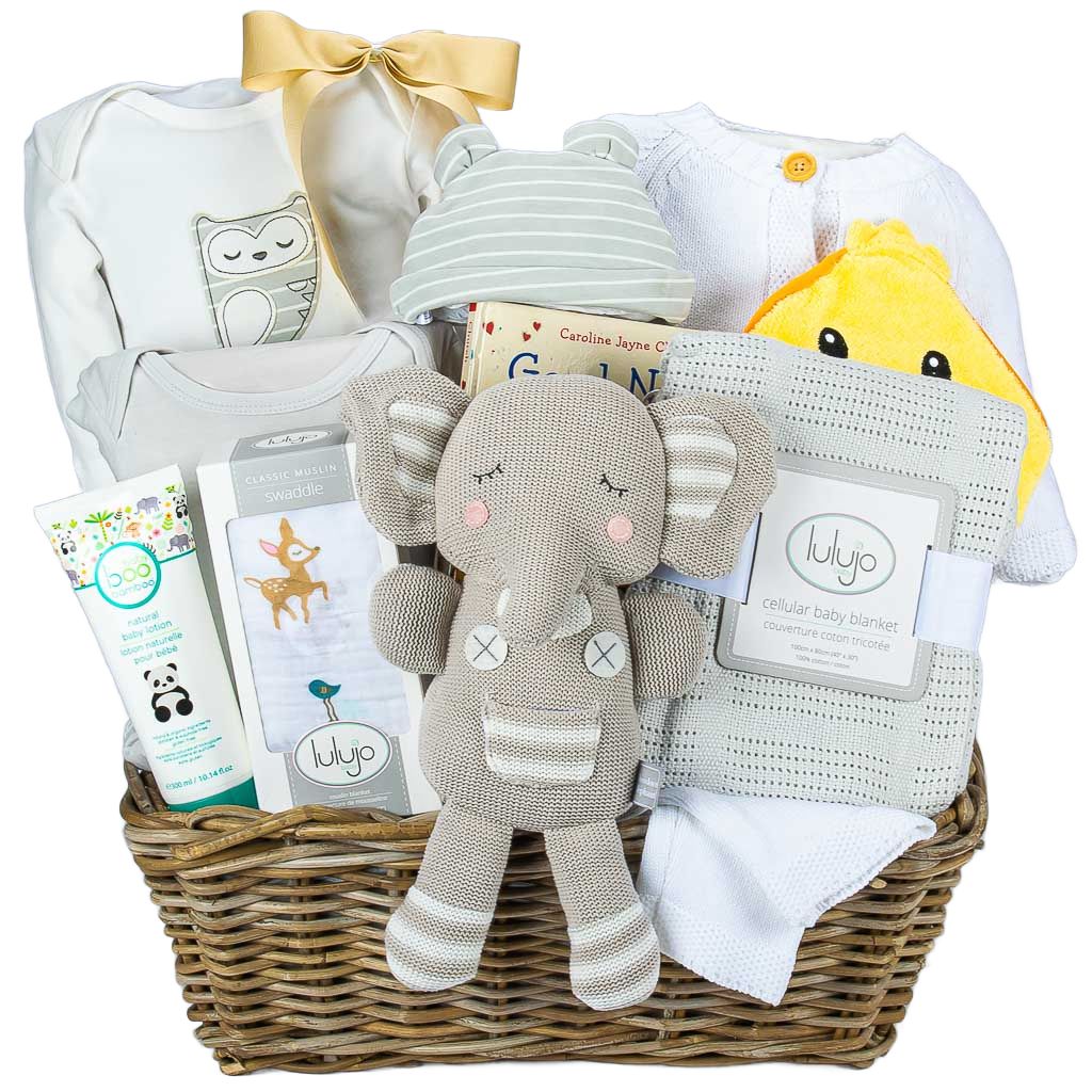 Neutral Gender Baby rattan gift basket with organic owl onesies, 3 peice white knit cardigan set, baby lotion and grey elephant plush 