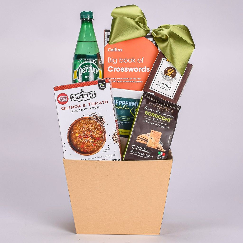 Get Well Soon Light Brown Gift With Tea, Crossword Puzzles, Dark Chocolate, Crackers, and Perrier 