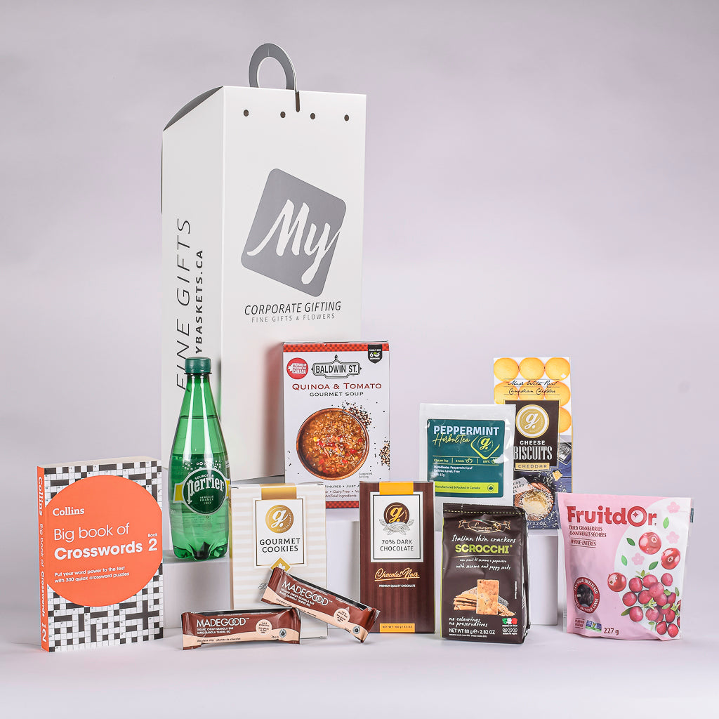 Gift Box With Soup, Cheddar Biscuits, Dark Chocolate, Cranberries, Crossword Book, Granola Bar, Peppermint Tea, And Shortbread Cookies