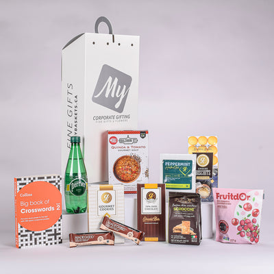 Gift Box With Soup, Cheddar Biscuits, Dark Chocolate, Cranberries, Crossword Book, Granola Bar, Peppermint Tea, And Shortbread Cookies