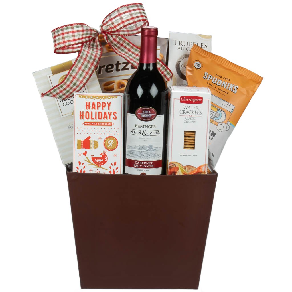 Gift with  Wine X Mass Bow and Chocolates and Cookies.