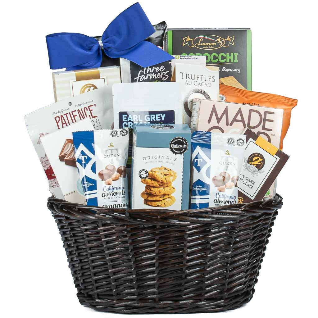 Dark brown oval rattan gift basket with Kosher Cookies, crackers, chocolates and cranberries.