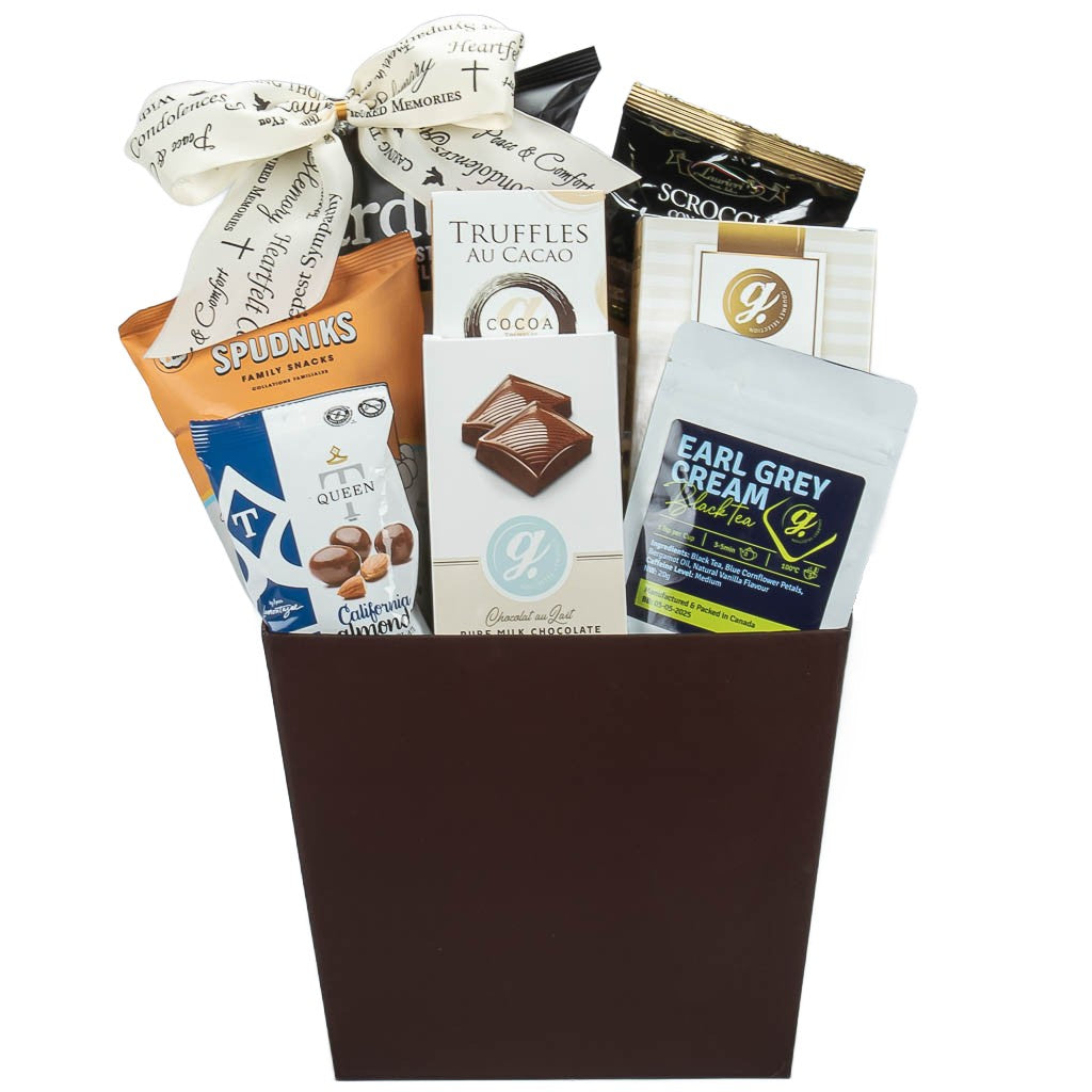 Brown rectangular kosher gift basket with chips, tea, chocolate almonds and sweets