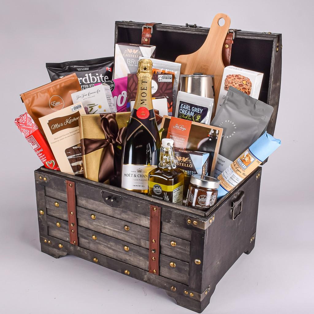 Large Brown Wooden Gift Chest With Moet Champagne, Premium Goodies, Coffee, Artisinal Crackers, Cookies and Cheese
