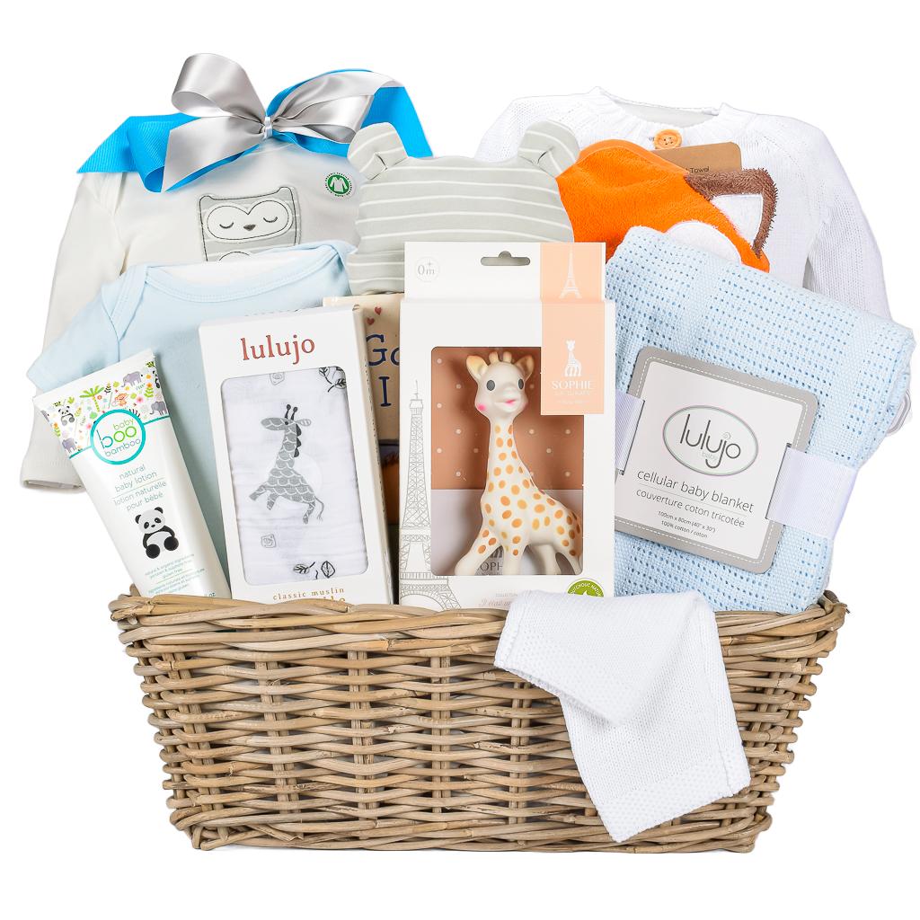 Baby Blue Luxury Gift Set With Sophie La Girafe in wicker browm basket