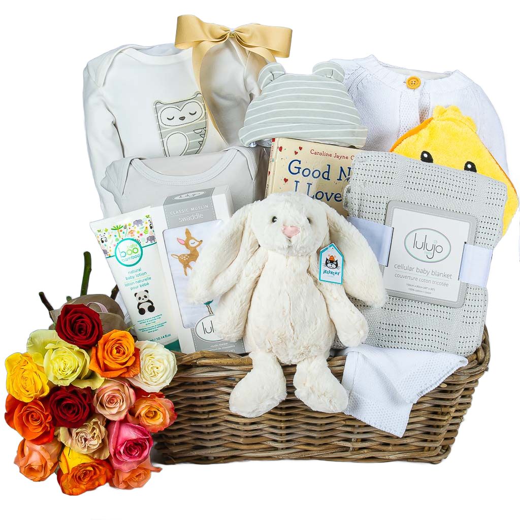Luxury Neutral Newborn Baby Gift with 12 Mixed Roses
