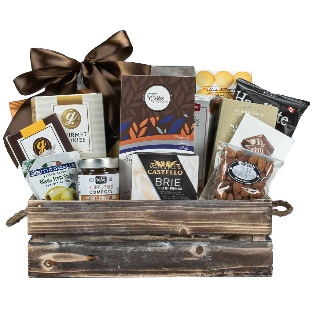 Wooden rectangular gift crate filled with chocolate, cookies, compote, nuts and gourmet items