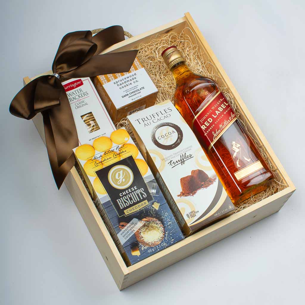 Red Johnnie Red Label 750mL in triple wooden box with chedar biscuits, truffles, crackers and cookies