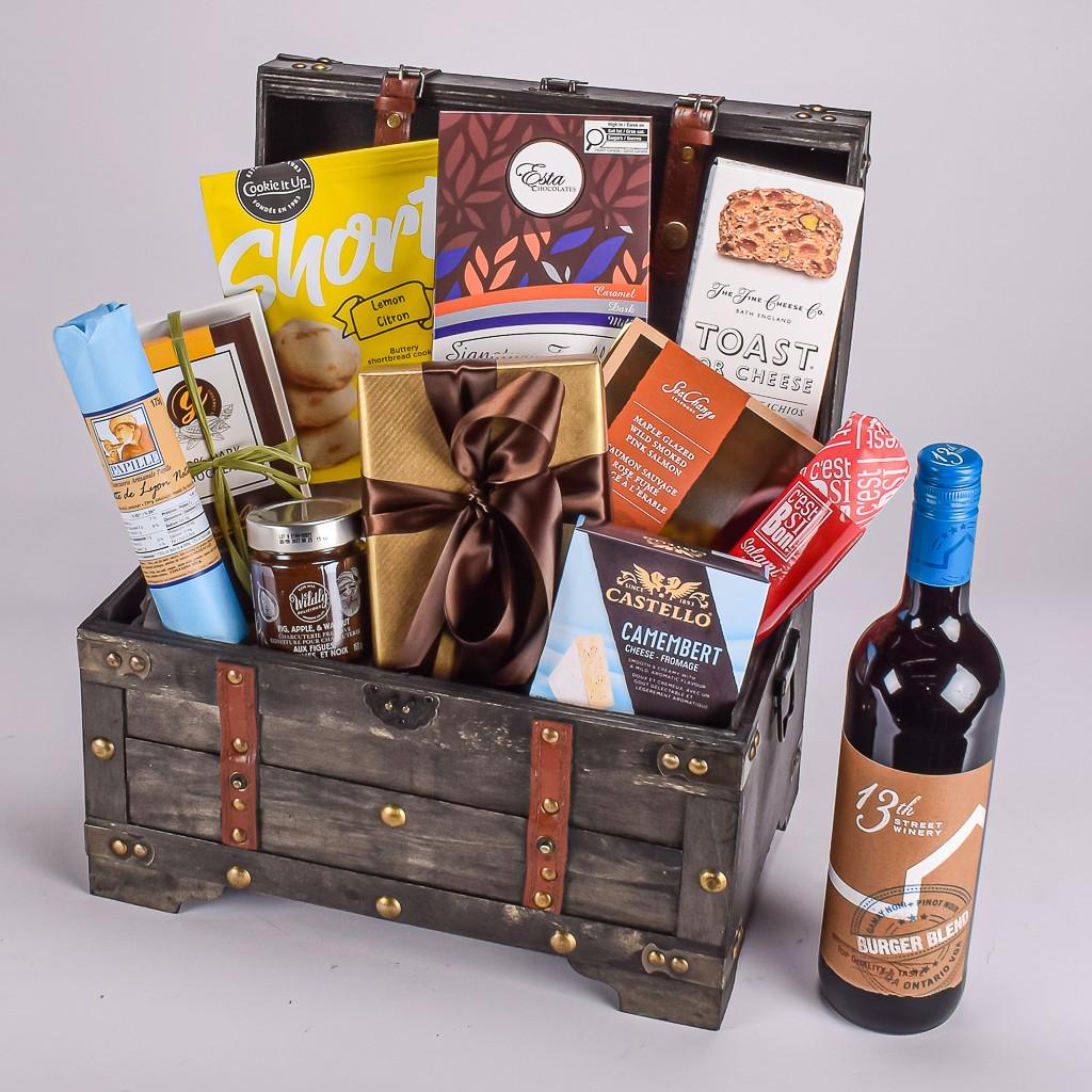 Wooden Gift Chest With Red Canadian Wine And Sweet And Savoury Snacks
