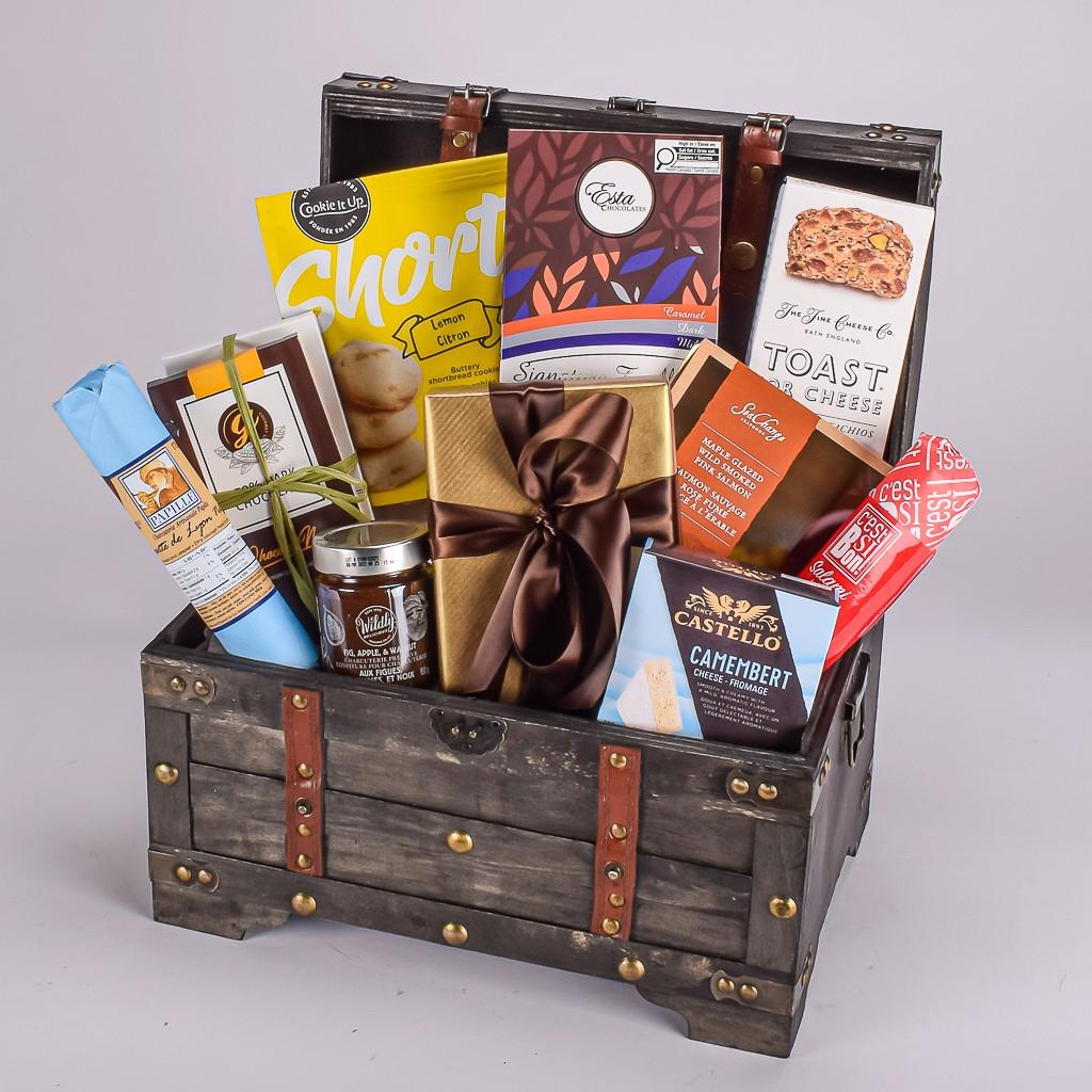 Gift Chest With Luxury Canadian Made Assoretd Chocolate, Maple Glazed Smoked Salmon, Papille Salami And Wildly delicious compote