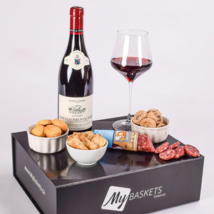 Red French Wine With Papille Salami, Crackers, Cookies In A Black Gift Box