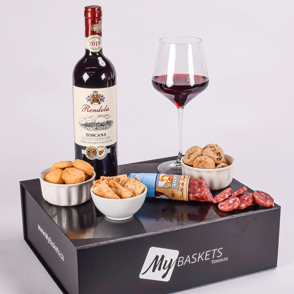 Rendola Toscana Red Wine With Papille Salami, Italian Crackers, Canadian Cheddar Biscuits, And Chocolate Shortbread Cookies
