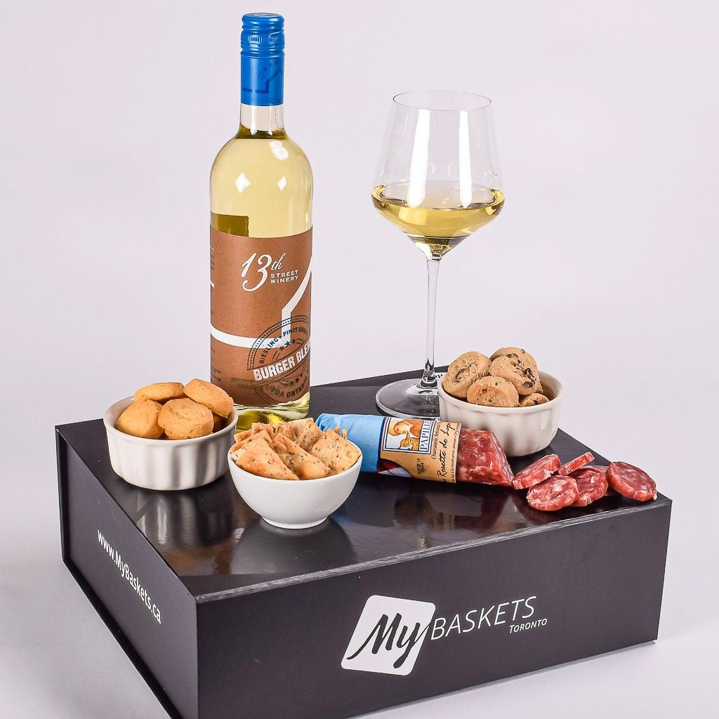13th Street Winery Canadian White Wine With Salami, Cookies, Crackers, and Canadian Cheddar Biscuits