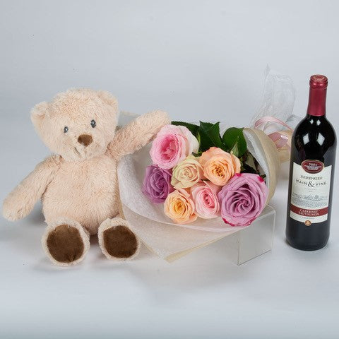 Teddy Bear Mixed Roses Wine 
