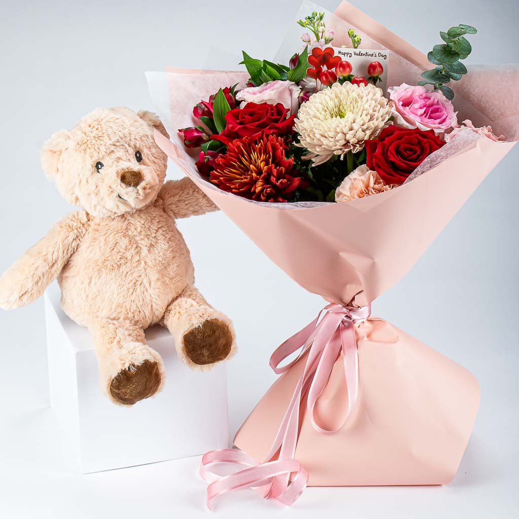 Flower Arrangement and Valentines Teddy