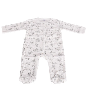 White baby onesie with black animal prints on a white background