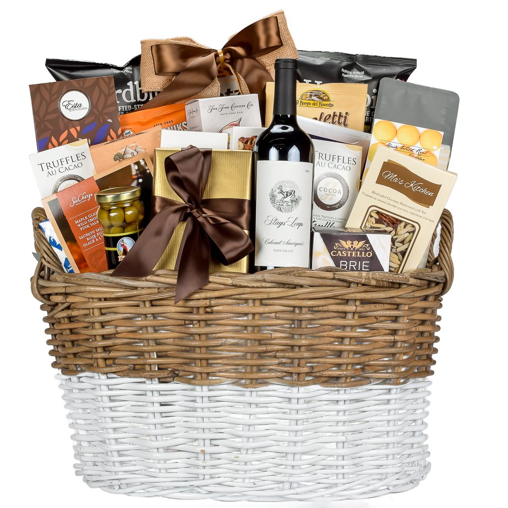 Stags Leap wine gift basket with gourmet items.