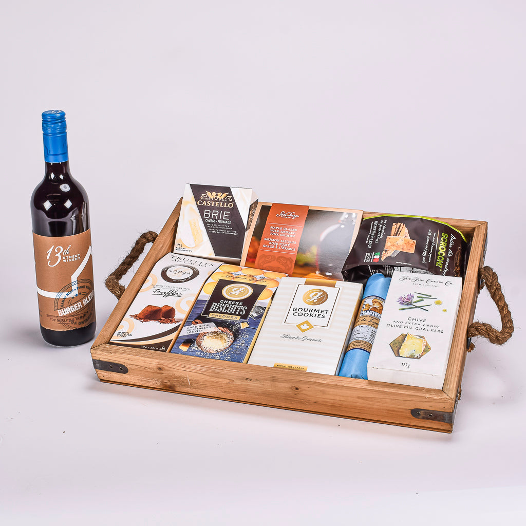 Wooden Serving Tray With Red Wine Gourmet Cookies, Cheese, Salmon And Papille Salami