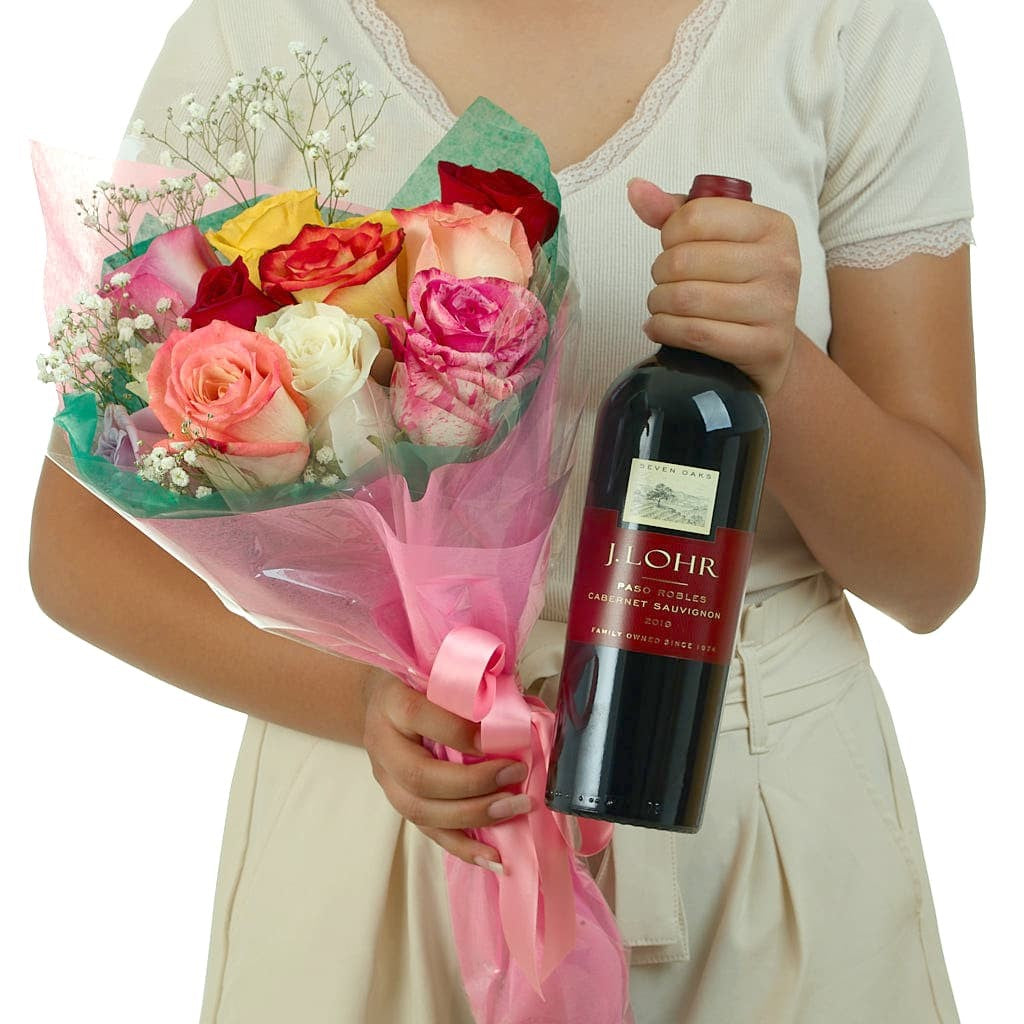 Stunning Mixed Roses Bouquet with Cabernet Wine Gift