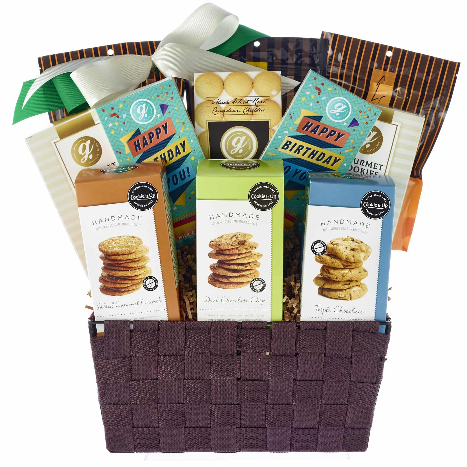 Birthday Cookies Basket with assorted cookies, and chocolates