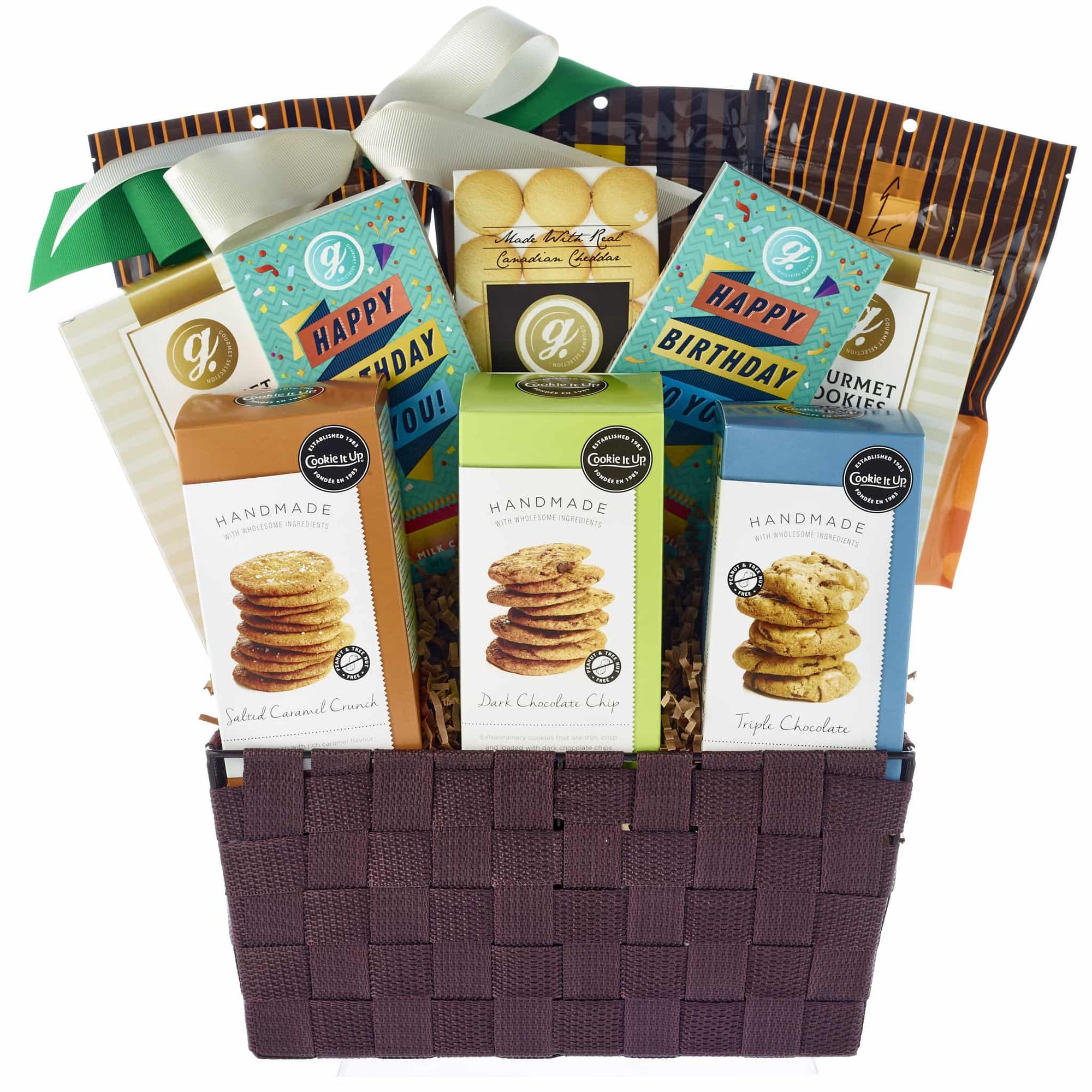 Birthday Cookies Basket with assorted cookies, and chocolates