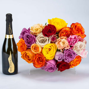 Birthday Sparkling Wine and 24 Mixed Colour Roses