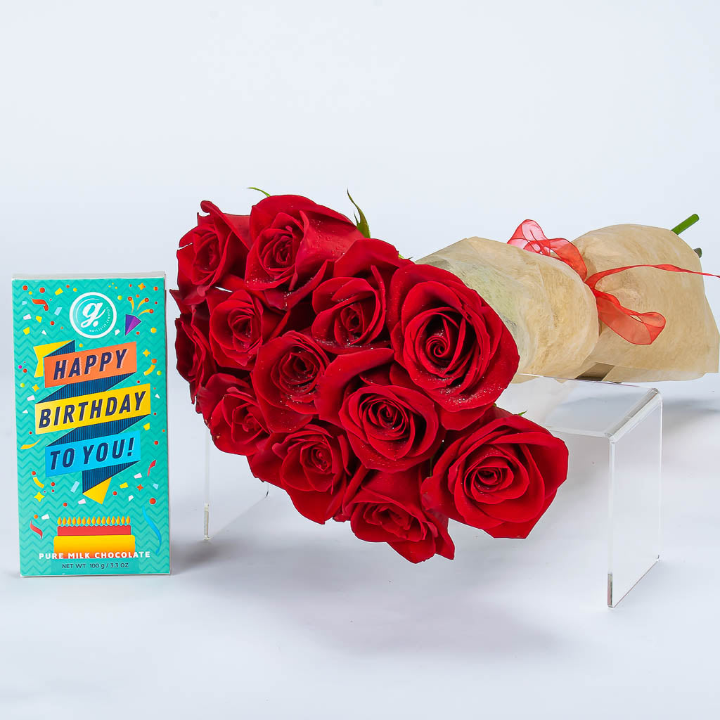 One dozen birthday roses and delicious chocolate